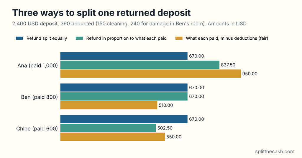 Bar chart of three ways three roommates can split a returned 2,400 USD deposit after 390 USD of deductions (150 cleaning, 240 for damage in Ben's room), in USD. Refund split equally: 670 each. Refund in proportion to what each paid: Ana 837.50, Ben 670, Chloe 502.50. What each paid minus their deductions: Ana 950, Ben 510, Chloe 550.